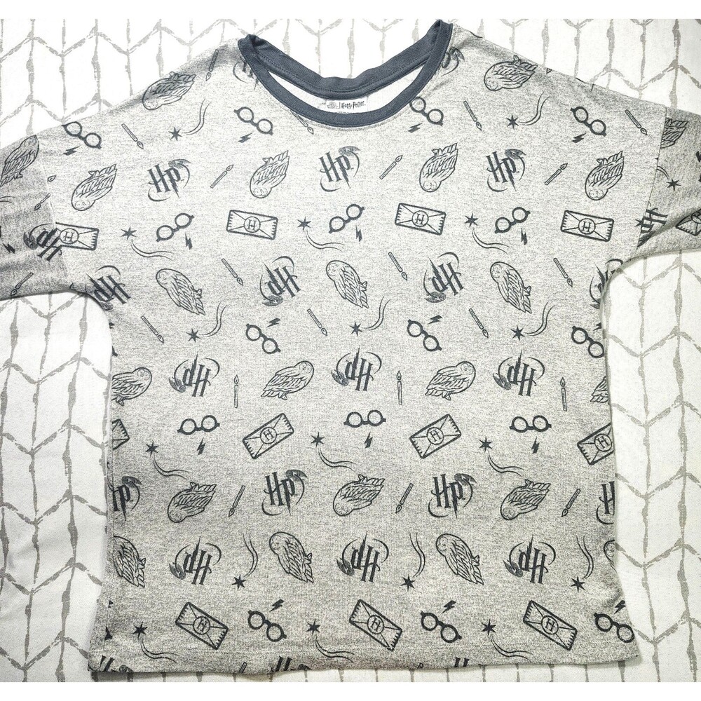 Official Harry Potter Long Sleeve Shirt Gray Jersey Black Print Owl Glasses Med
